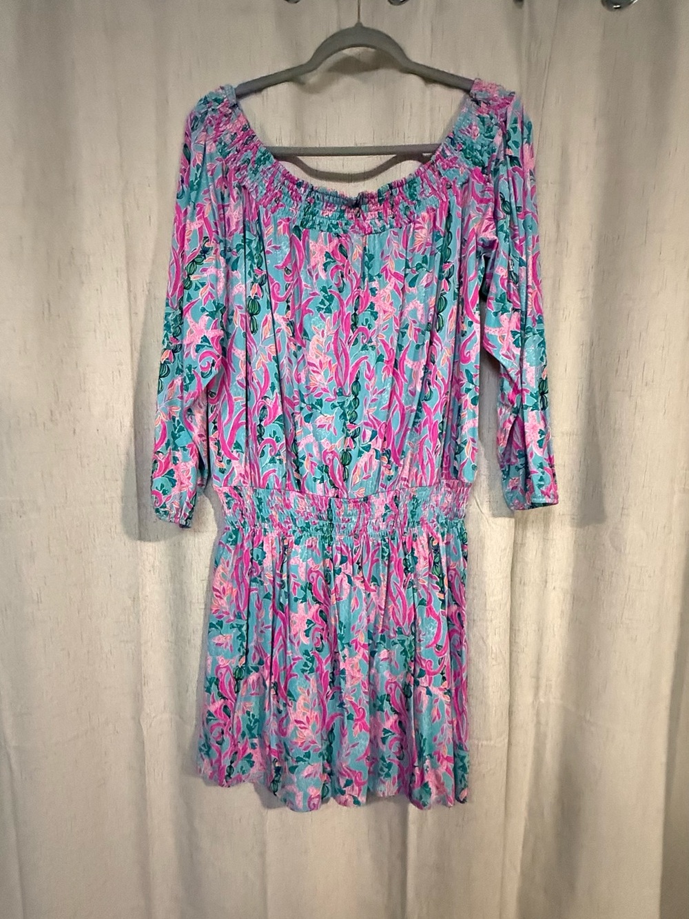 Floral Off-Shoulder Smocked Waist Dress - Pink & Teal